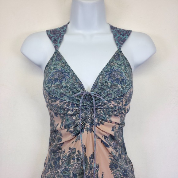 Plenty Dress Womens 4 Blue Pink Silk Chiffon Floral Paisley Ruched Timeless Midi - Picture 12 of 16